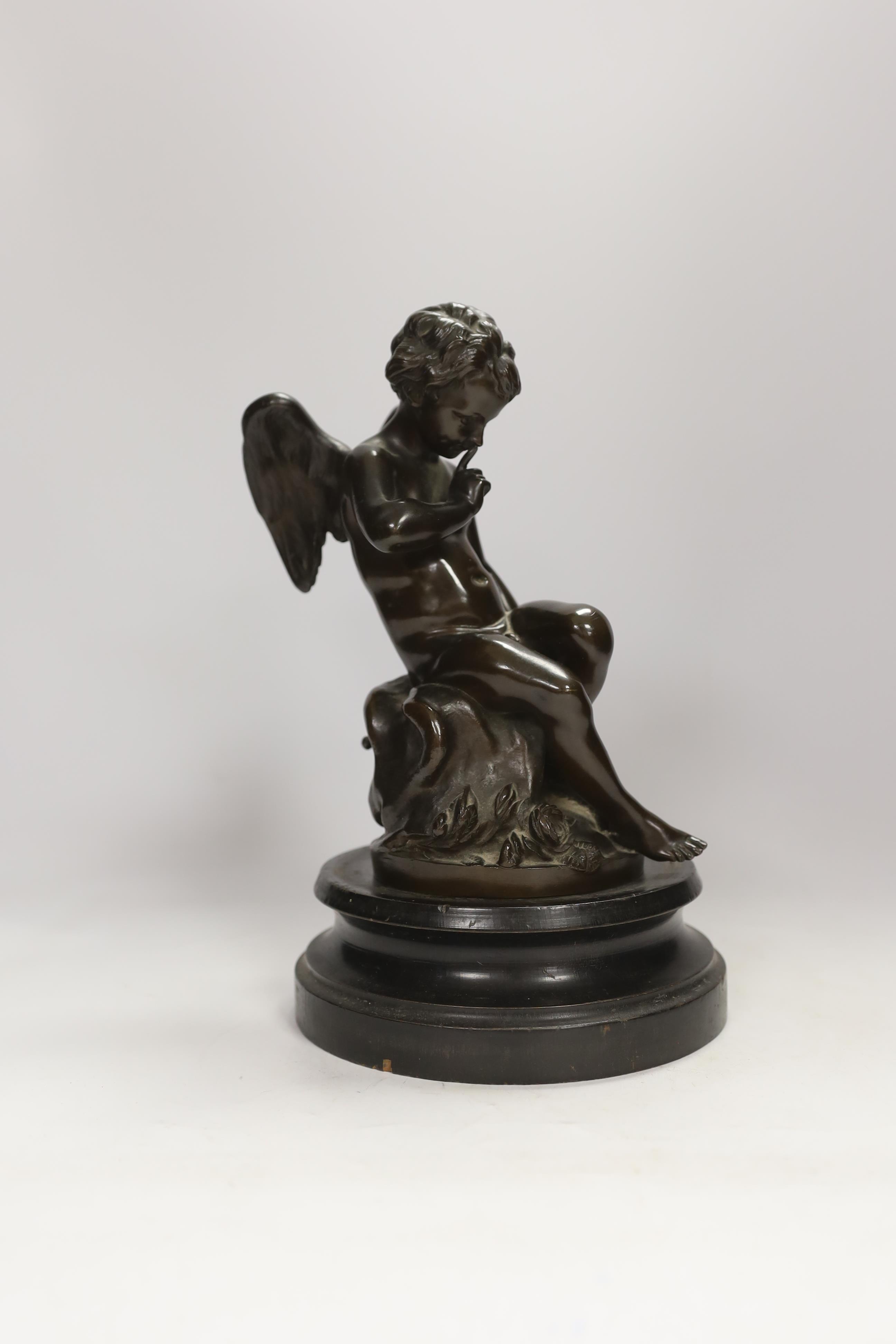 After Etienne Maurice Falconet (French, 1716-1791), a cast bronze of Cupid ‘L’Amour Menacant, on hardwood stand, 28cm total